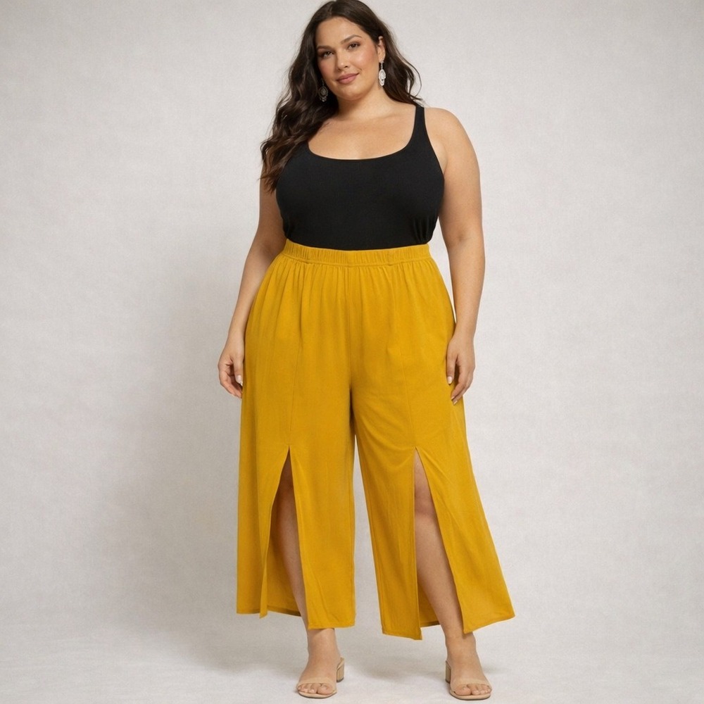 SHEIN Fit+ Mustard Yellow Wide Leg Culotte Pants Size 28 Plus‎ Elastic Waist